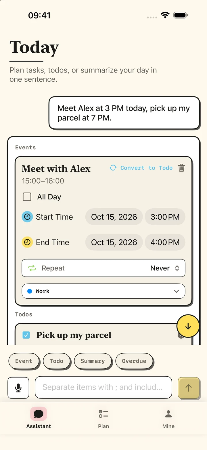 Assistant event and todo drafts with dates and times to review before saving