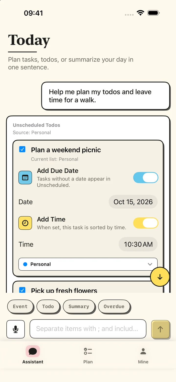 Todo draft with separate date and time controls
