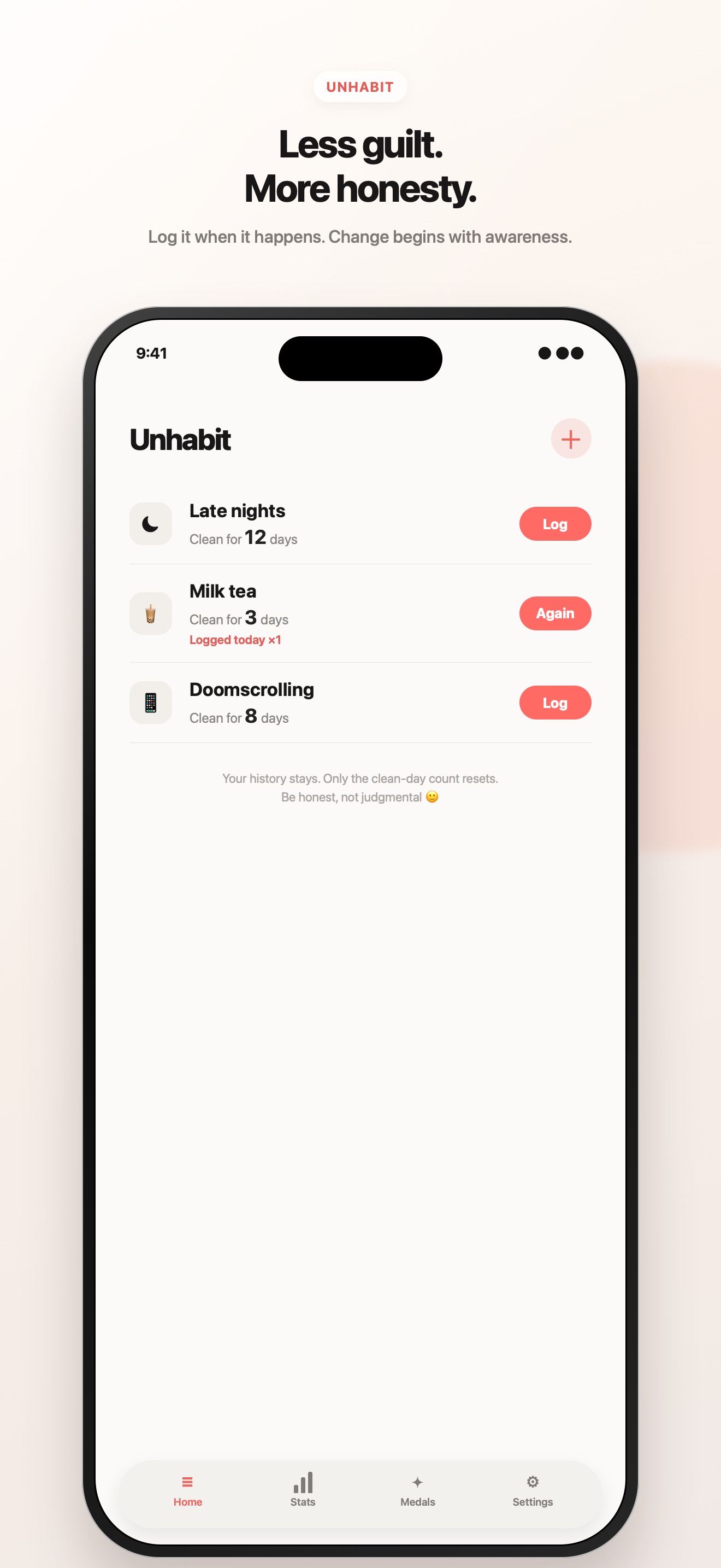 Unhabit home screen showing habits and clean-day counts